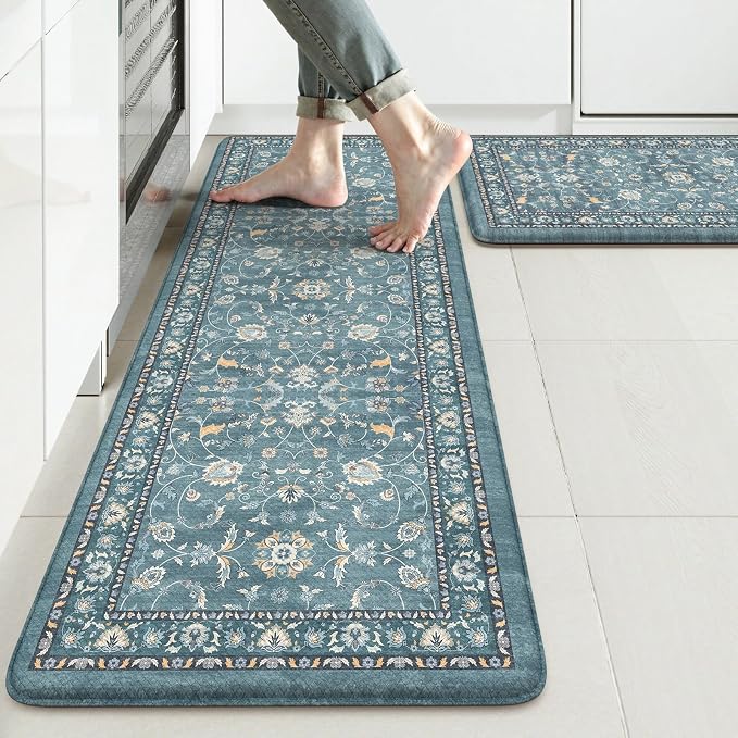 KIMODE Kitchen Floor Mat Anti Fatigue, Cushioned Kitchen Rug 2 Piece | Blue,Memory Foam Kitchen Mat for Floor Cushioned ,Boho Vintage Floral Kitchen Rug Non Slip for Laundry Sink Office Home Decor