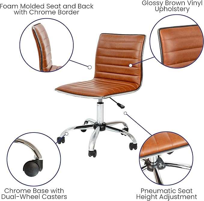 Flash Furniture Alan Office Task Chair - Brown Vinyl - Chrome Frame - Armless - Ribbed Back and Seat - Low Back Design