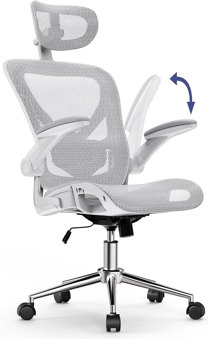 naspaluro Home Office Chair with Flip-up Armrests Adjustable Headrest Lumbar Support, Mesh Desk Chair 90-120°Rocking Chairs for Home Office, Study, Work & Gaming, Black