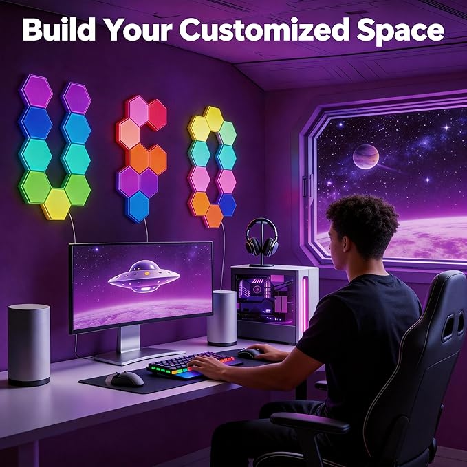 Hexagon LED Lights Wall,RGB Lights with APP/Remote & Music Sync,DIY Modular & Gaming Room Decor,Tap Wall LED Panels for Bedroom (12-Pack)