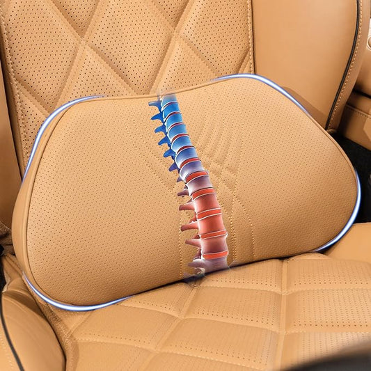 Lumbar Support Pillow for Car Seat, Office, Palomino Brown, 1PC | Leather Lumbar Pillow Memory Foam Lower Back Cushion for Back Pain Relief Improve Posture, Ergonomic Back Rest Gaming Chair