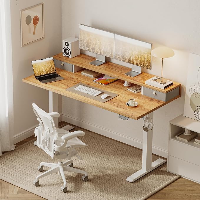 Agilestic 48 x 24 Inches Electric Standing Desk with 2 Storage Drawers, Adjustable Height Sit and Stand Computer Table with Splice Board, Light Rustic Brown
