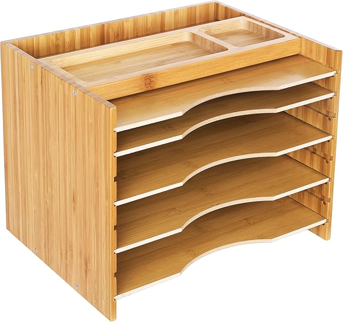 SONGMICS Bamboo File Organizer Paper Sorter with 5 Adjustable Shelves Top Storage Compartments Natural UOFS44Y