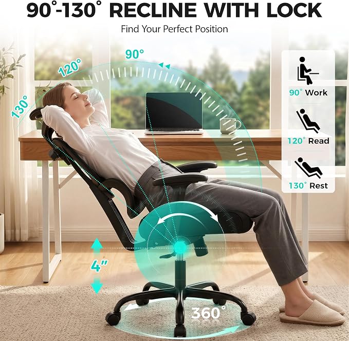 Ergonomic High Back Mesh Office Chair, Lumbar Support (Black) | Smooth 90° to 135° recline for work, read, or rest. Swivel big and tall gaming Chair. Adjustable armrest headrest height.