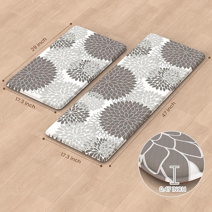KIMODE Anti Fatigue Mats for Kitchen Floor Cushioned Kitchen Rugs Sets of 2 | 17"x47"+17"x29",Grey,Dahlia Floral Boho,Non Slip Rubber Backing,Waterproof,Wipe Clean,Standing Mat for Office Laundry Sink