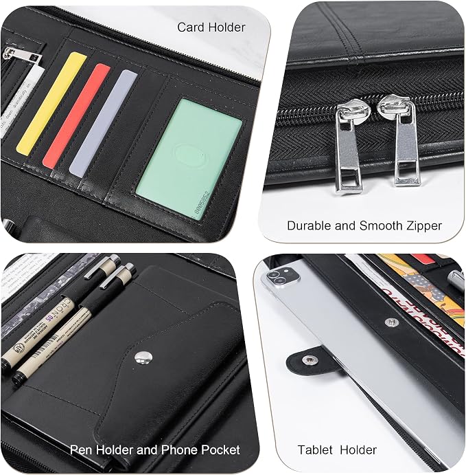 Calfinder Vegan Leather Padfolio with Zipper&Handle,Padfolios for Women&Men,Business Portfolio Organizer for Ipad,Notepad Folder with Phone Pocket and Card Holder,Portfolio Binder