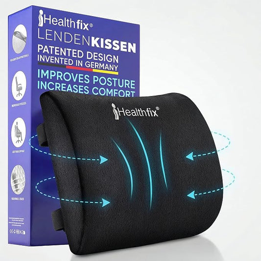 Healthfix® Ergonomic Lumbar Support Pillow – Expertly Designed in Germany – Improves Posture & Relieves Back Pain – Memory Foam Back Cushion for Office Chair & Couch - Firm (185-300 lbs)