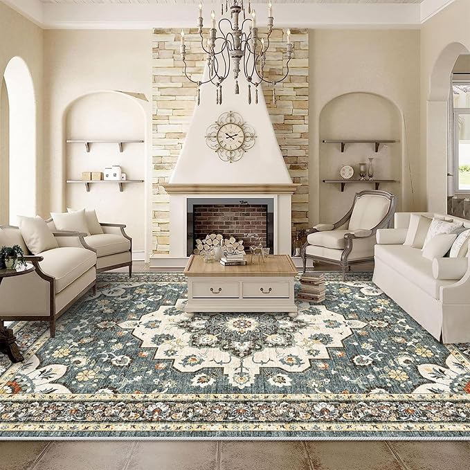 TOPRUUG Washable Oriental Area Rug - 9x12 Rugs for Living Room Soft Carpet for Bedroom Waterproof Floral Distressed Indoor Stain Resistant Non-Shedding Floor Carpets (Blue, 9x12)