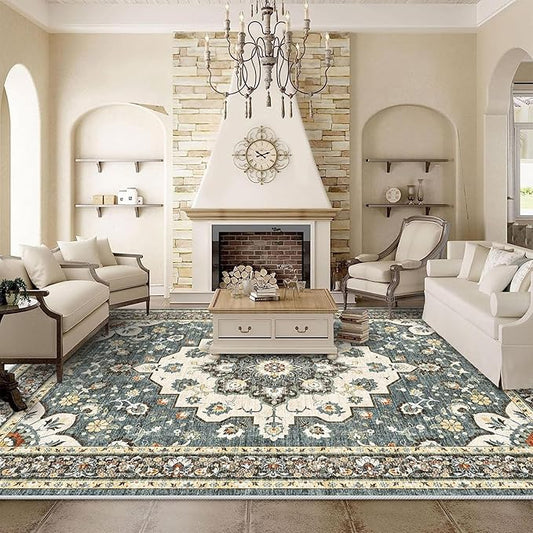 TOPRUUG Washable Oriental Area Rug - 9x12 Rugs for Living Room Soft Carpet for Bedroom Waterproof Floral Distressed Indoor Stain Resistant Non-Shedding Floor Carpets (Blue, 9x12)