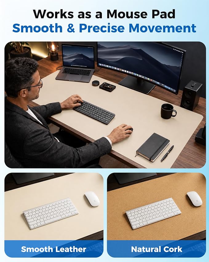 Aothia Dual-Sided Desk Mat - Leather & Cork Desk Protector, Large Mouse Pad & Writing Pad for Office/Home, Waterproof, Beige (35.4" x 15.7")