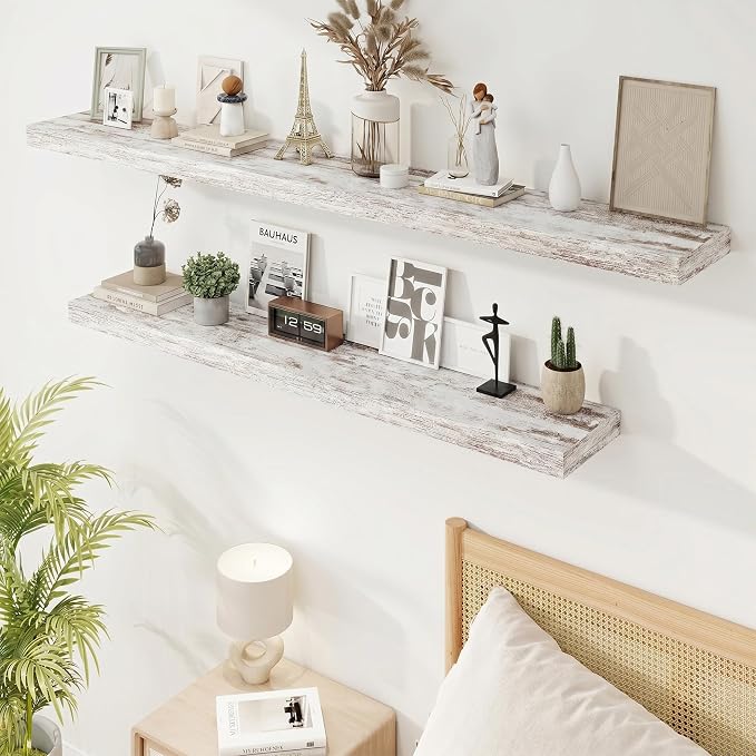 9.25in Depth 72in Floating Shelves, 72x9.25x1.4, Vintage White, Set of 1 | Long Wall Mounted Engineered Wood Shelves with Invisible Brackets for Living Room, Bedroom, Bathroom, Kitchen,
