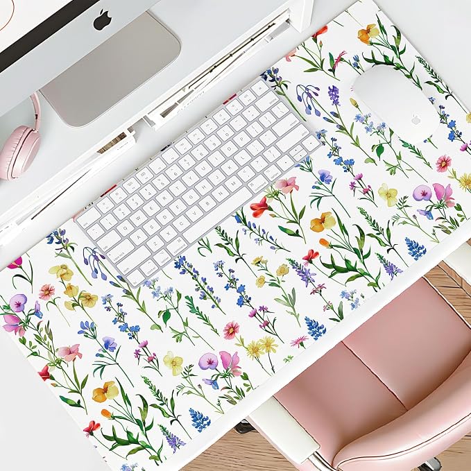 Mouse Pad Leather Desk Mat Large Keyboard Cute Office Desktop Computer Laptop XXL Long Big Aesthetic Modern Design Women Girls Gaming Gamer Oversized Wide Mousepad 31.5"x15.7", White Floral