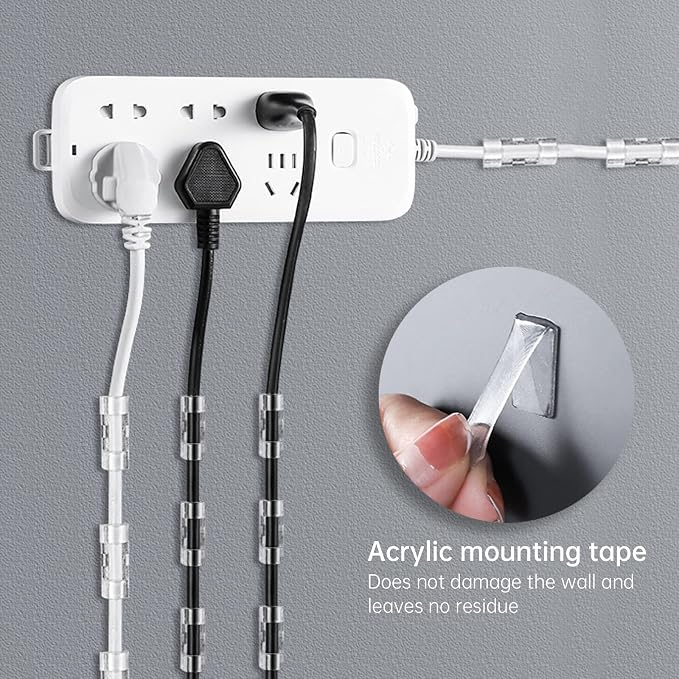 50 Cable Clips, Clear Cord Organizer, Cable Management Desk Wall | Self-Adhesive with 100 Screws for Damage-Free Mounting on Wood Glass Metal and Painted Surfaces