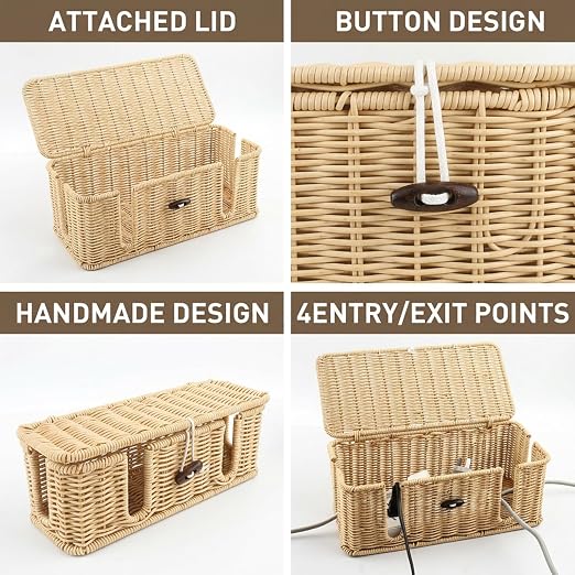 2 Pcs Rattan Cable Management Box, Large Cord Organizer Box with Lid Under Desk Router Hider with 4 Exits, Wire Boxes Hider for TV Wires Computer Surge Protector USB Hub Power Strip(Natural)