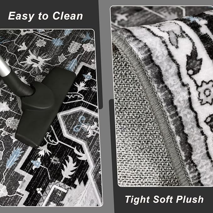 Macgace 4x6 Black Grey Area Rug for Living Room, Machine Washable Rugs with Non-Slip Backing for Bedroom, Vintage Medallion Carpet Kitchen Laundry Kids Room Decor