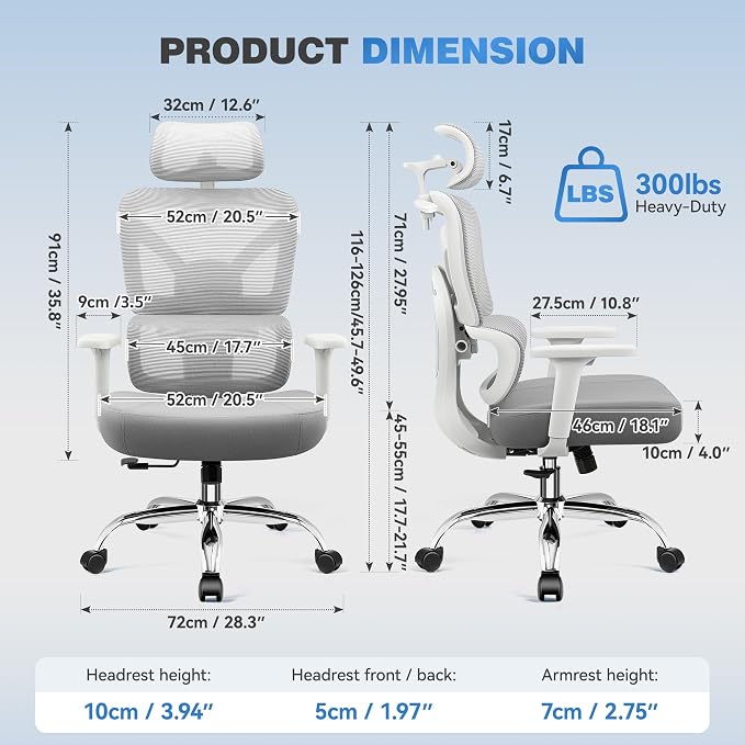 Ergonomic Desk Chair, Breathable Mesh Office Chair for Long Hours, 8 Pack | Adjustable Lumbar Support for Back Pain Relief, 4.33'' Thick Foam Cushion, 3D Headrest, Computer Chair for Home Office, Gray