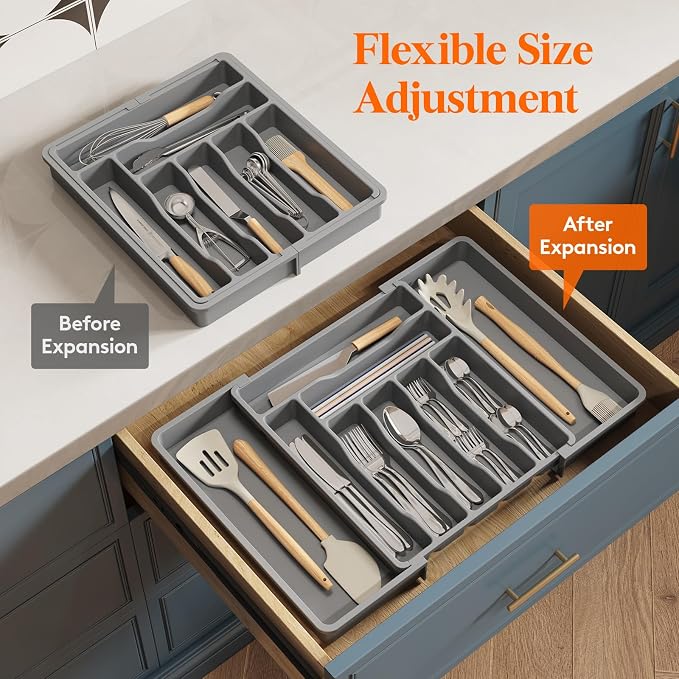 Lifewit Utensil Organizer for Kitchen Drawer, Expandable Cooking Silverware Tray, Adjustable Cutlery Flatware Holder, Plastic Spatula Tools Storage Divider, 13-22.4 x 15", Gray