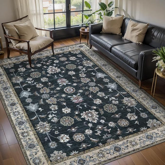 Tangsoo Black 3x5 Area Rug, Vintage Washable Rugs Indoor Rug, Non Slip Accent Rug, Oriental Floral Print Carpet, Boho Soft Low Pile Rugs for Living Room Bedroom Bedside Entryway Bathroom