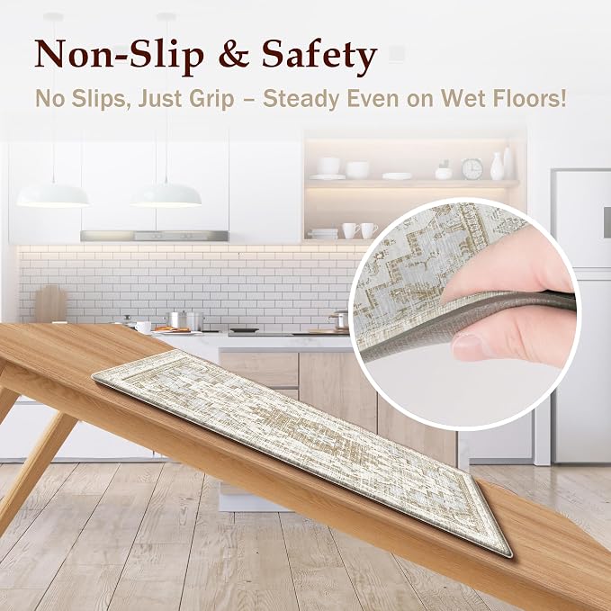 Boho Kitchen Mats for Floor 2 Piece Set Anti Fatigue Cushioned PVC Kitchen Rugs Non Slip Waterproof Farmhouse Mats 2/5 Inch Comfort Standing Mat for Sink, Laundry, 23.6"x39"+23.6"x59", Beige Tan