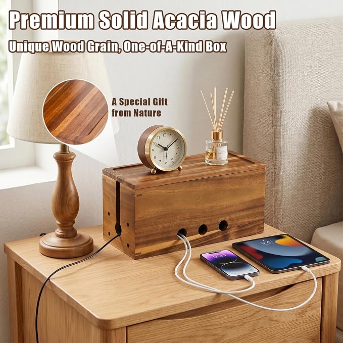Extra Large Acacia Wood Cable Management Box, Pet Child Safe Cord Hider | Home Decor Cord Organizer, Sturdy Cable Hider Box for Power Strip, TV Wires, Desk & Floor & Office Under Desk Cable