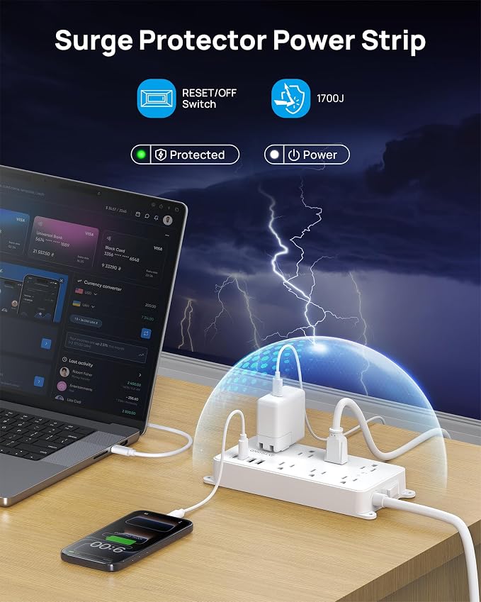 TROND 360° Rotating Plug Power Strip, ETL Listed, Flat Plug 10ft Extension Cord, 2 USB-A and 2 USB-C, Wall Mountable, 7 Widely-Spaced Outlets, 1700J Surge Protector, for Home Office Garage, White