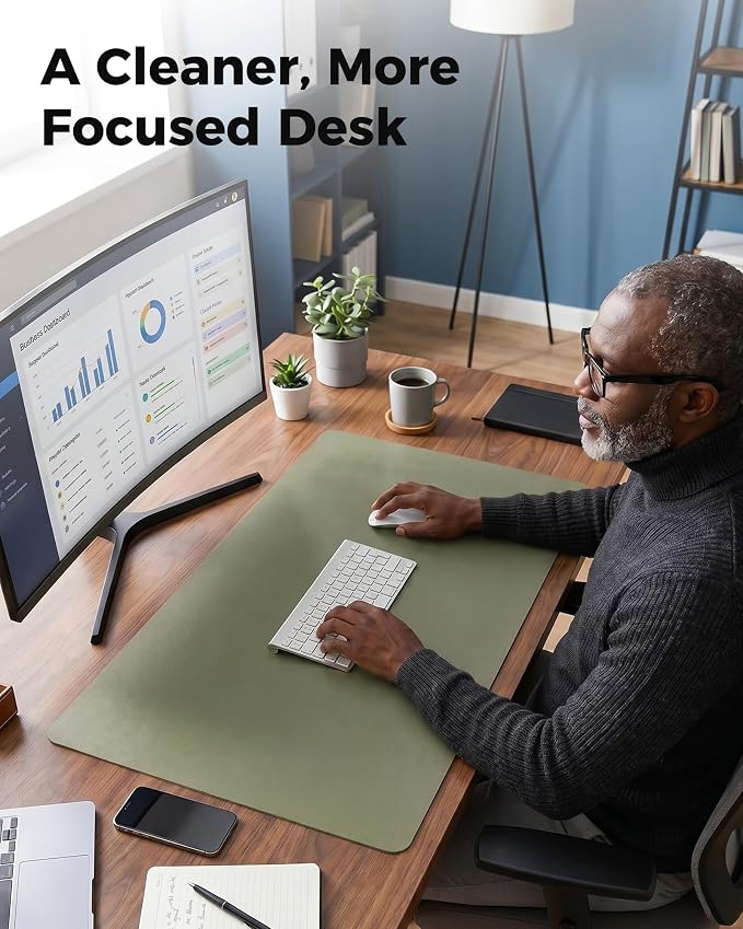Aothia Dual-Sided Desk Mat - Natural Cork & Leather Desk Protector, Large Mouse Pad & Writing Pad for Office/Home, Olive Green (25.6"x13.7")