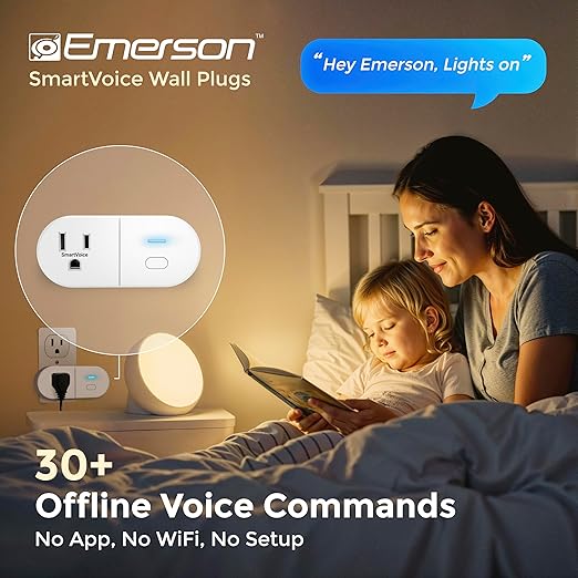 Emerson SmartVoice Smart Wall Plug, Single Outlet Voice Control, No WiFi or App, Hands-Free Control, Sleep & Wake Timer, ETL Listed