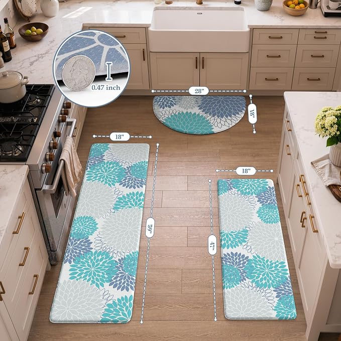 KIMODE Half Circle Anti Fatigue Mats for Kitchen Floor Rug Sets of 3 | 18"x28+18"x47"+18"x59",Blue White,Dahlia Floral Boho,3PCS,Non Slip,Waterproof,for Sink Office Laundry Bathroom Decor