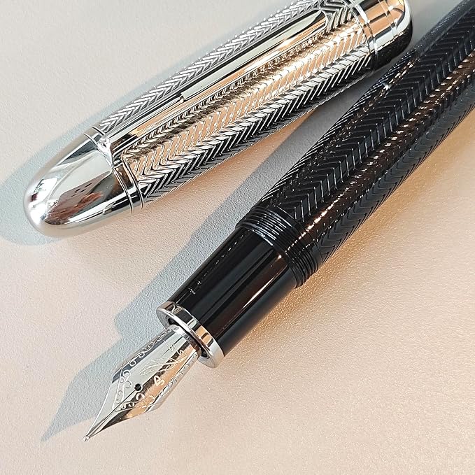 Luxury Fountain Pen, Fine Nib (F) Gold Trim Classic Executive Writing Pen,18K Gold Plated Nib, Professional Business Gift with Ink Refill Converter (Wavy Silvery Black)