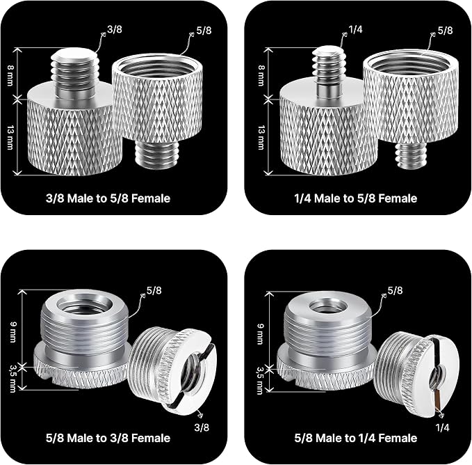 IXTECH Mic Stand Adapter Set - 8 Piece Metal Tripod Adapter Kit - 5/8 Female to 3/8 Male & 1/4 Female to 5/8 Male - ADP02A Silver