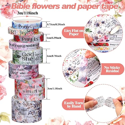 24 Rolls Back to School Christian Washi Tape Gifts Bulk Graduation VBS Religious Scripture Watercolor Flowers Bible Verse Washi Tape for Bible Journaling Crafting Students Study Stationery