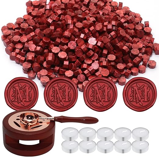 Wax Seal Beads Kit - 300pcs Wine Red Sealing Wax Beads with Wood Melting Warmer, Spoon & 10 Mini Candles for Stamp Seals, Wedding Invitation, Envelope, Cards, Gift Wrapping Decorations