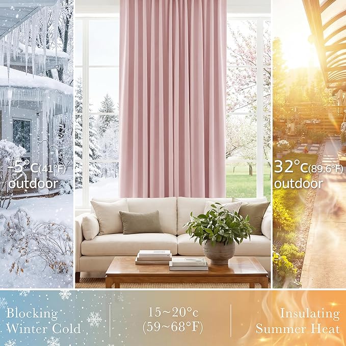 PONY DANCE Blush Pink Blackout Curtains for Girls Bedroom Living Room 90 Inches Long 2 Panels, Nursery Thermal Insulated Room Darkening Drapes Solid Back Tab Window Treatments, W 42 x L 84 inch