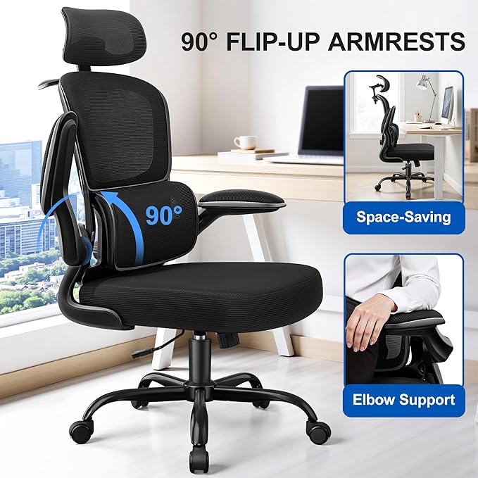 ALLGOD Ergonomic Office Chair, Mesh Desk Chair with Lumbar Support, High Back Home Office Chair with Adjustable Headrest and Flip-Up Arms, Comfortable Computer Chair, Thick Cushion, Black-6 Pack