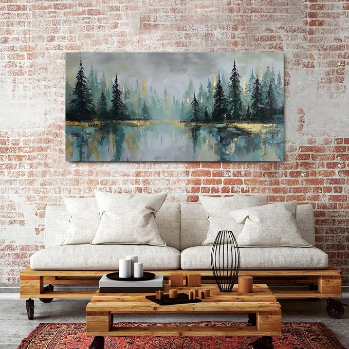 AIYISU Green Forest Wall Art Vintage Fog Pine Trees Landscape Wall Decor Nature Green and Gold Forest Lake Scenery Canvas Prints Pictures Farmhouse Artwork Kitchen Living Room Home Decorations 30x60