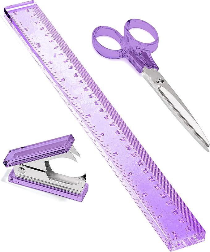 3-Piece Acrylic Desk Set, Purple with Silver Metal | Ruler, scissors, and staple remover set, Functional and elegant desk accessories, Stationery tools for office, and school