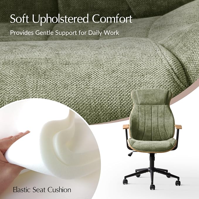 HULALA HOME Solid Wood Office Chair with High Backrest, Green | Mid Century Modern Bentwood Desk Chair with Tilt Function, Swivel Fabric Computer Task Chair, Height Adjustable, Metal Base
