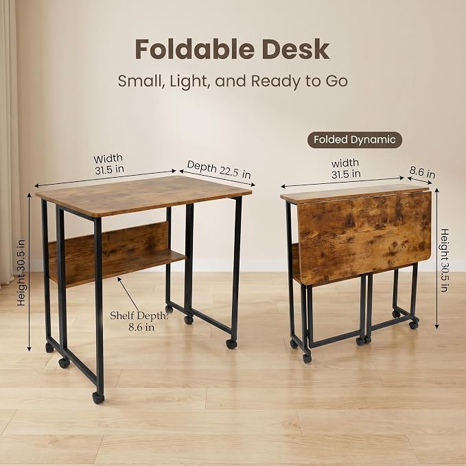 Mobile Foldable Desk w/Wheels and Feet Pads, Foldable Computer Desk, Folding Desk, Small Computer Desk for Small Spaces, Folding Table for Office Bedroom Living Room-Rustic Brown
