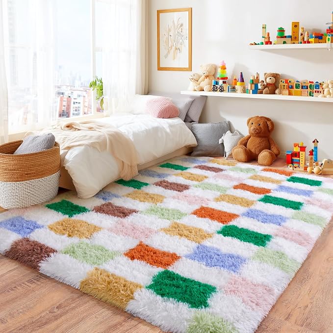 Area Rugs for Living Room 8x10, Ultra Fluffy Shag Checkered Rug Modern Washable Carpet Soft Shaggy Non Slip Indoor Plush Rugs for Bedroom Dorm Office Home Aesthetic Decor, Green and Orange Colorful