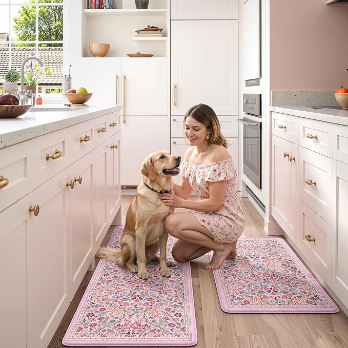 Collive Kitchen Mats Cushioned Anti Fatigue, Waterproof Kitchen Floor Mat Non Slip Desk Rugs Comfort Standing Rug for Sink, Office, Laundry, Home Decor, Pink