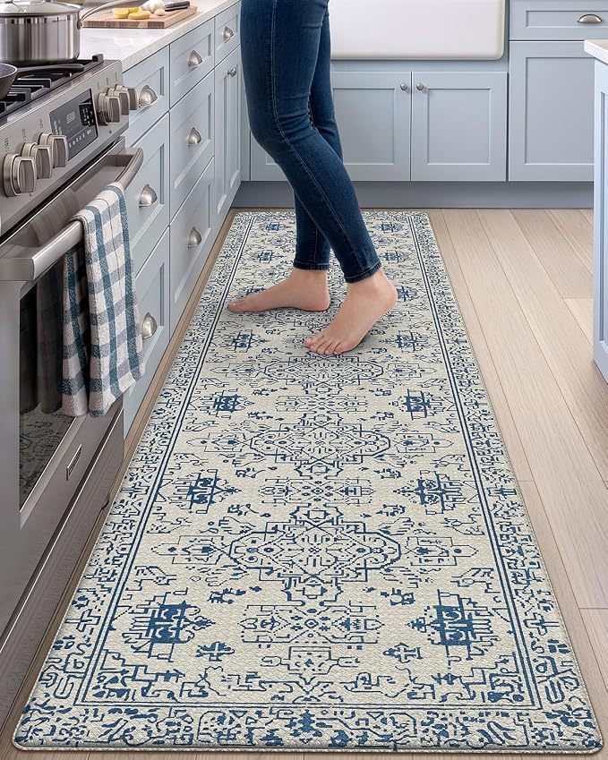 DEXI Kitchen Mats for Floor Cushioned, 23x86 Extra Large Wide Runner Rug Non Slip, Waterproof Soft Comfort Standing Padded Anti Fatigue Decorative, Blue and White