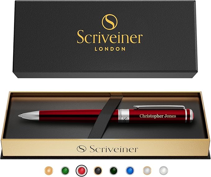 Scriveiner Personalized Deep Crimson Red Ballpoint Pen - Stunning Red Lacquer Luxury Pen with Chrome Finish, Schmidt Ink Refill, Engraved Ball Point Gift Set for Men & Women, Custom Engraving