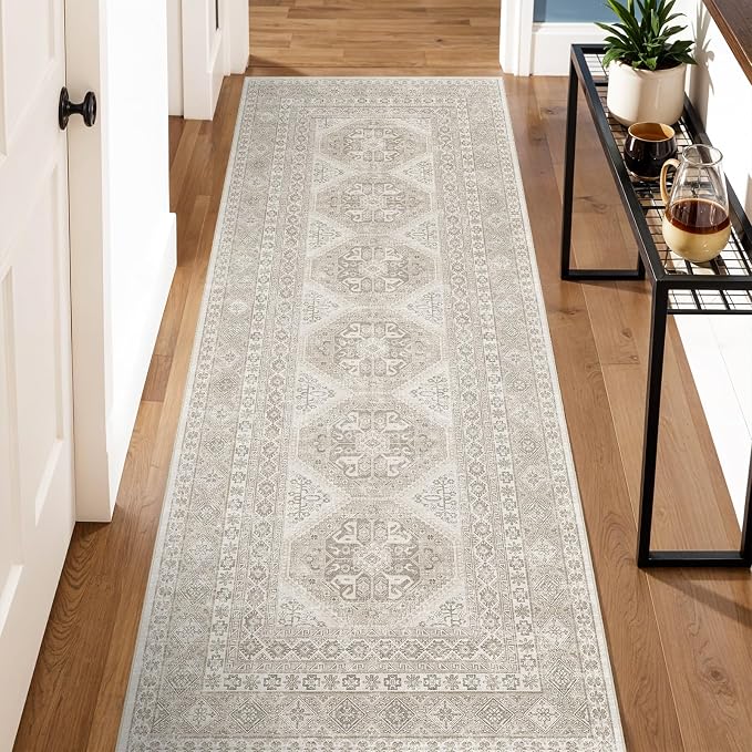 2x6 Runner Rug Kitchen Washable:Oriental Indoor Hallway Runners with Non Slip Backing Floor Mat for Entryway Door Low Pile Thin Carpet for Bedroom Bathroom Living Room Bedside (Beige, 2x6)
