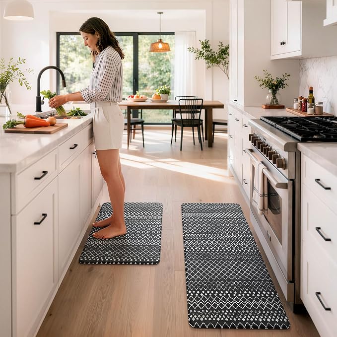 KIMODE Anti Fatigue Kitchen Mats for Floor 2 Piece, Cushioned Farmhouse Kitchen Rugs, Memory Foam Kitchen Floor Mats, Standing Desk Mats for Laundry Office Sink Black 20"x47"+20"x32"