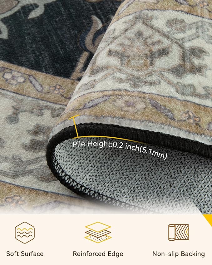 RELEANY Area Rugs Round 6ft Washable Non-Slip, Floral Vintage Distress Medallion Carpet for Living Room Bedroom Dining Room, Vintage Black Brown Neutral