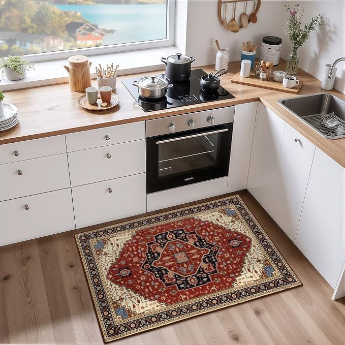 Macgace 2x3 Orange Red Small Area Rug for Entryway, Soft Washable Rugs with Non-Slip Backing for Bedroom Kitchen, Vintage Throw Carpet Laundry Entry Front Door Decor