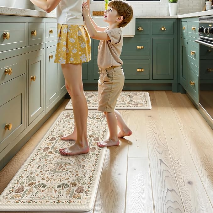 KIMODE Anti Fatigue Kitchen Mats 20"x47"+20"x32", Boho Memory Foam Kitchen Floor Mats Non Slip, Beige Kitchen Mats for Floor, Waterproof Standing Mats for Laundry Office Sink Desk