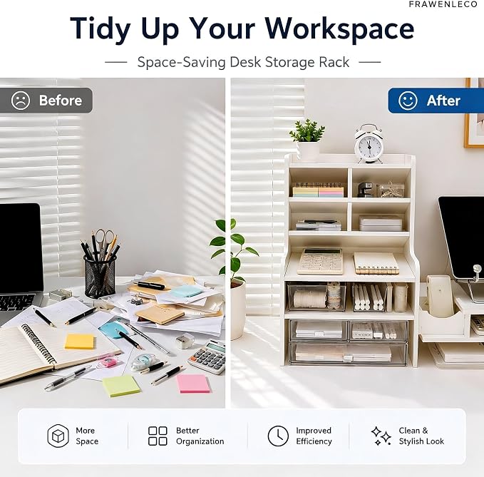 6-Tier Desktop Organizer Shelf, Small White Desk Storage Rack with Drawers, Multi-Layer Office Desk Organizer for Books, Stationery, Makeup, Study Room, Dorm, Home Office