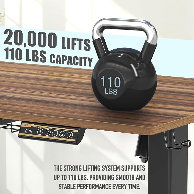 SHW 55 x 28 Inches Electric Height Adjustable Standing Desk with Drawer and Memory Preset, Walnut