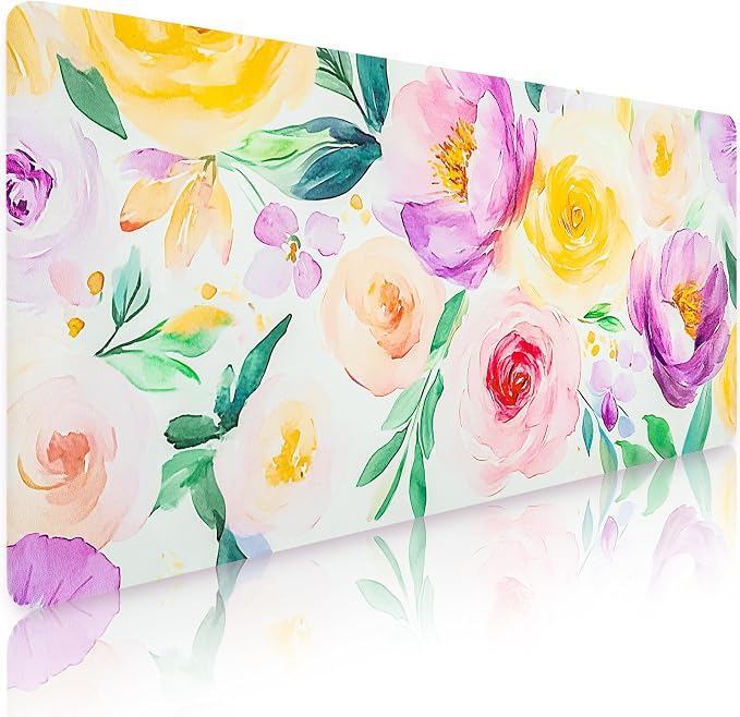 Purple Floral Desk Mat for Desktop, Women Girls Flowers PU Leather Waterproof Desk Pad, Computer PC Laptop Protector Mouse Pads for School Office Home/31.5" x 15.7"